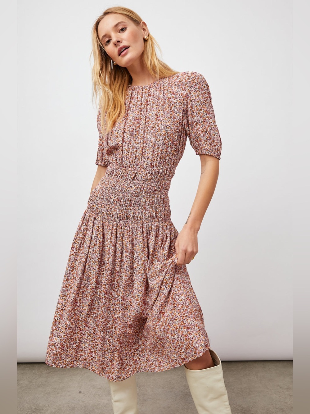 Rails Filippa Boho Prairie Ditzy Floral Puff Sleeve Tiered Midi Dress Smocked